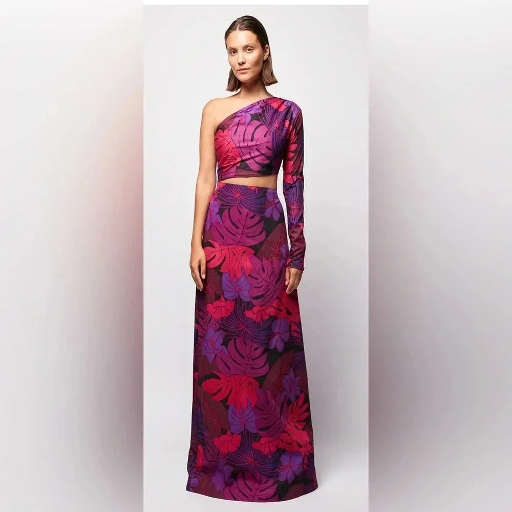 NWT S/W/F CUT OUT ONE SLEEVE MAXI Plantasia Purple Pink Black XS